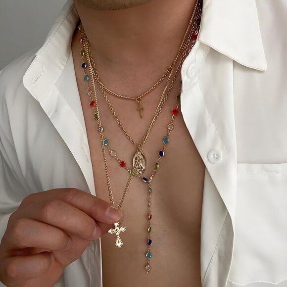 Gold Layered Cross Necklaces Set for Women Dainty Vintage Virgin Mary Jewelry - Picture 4 of 8